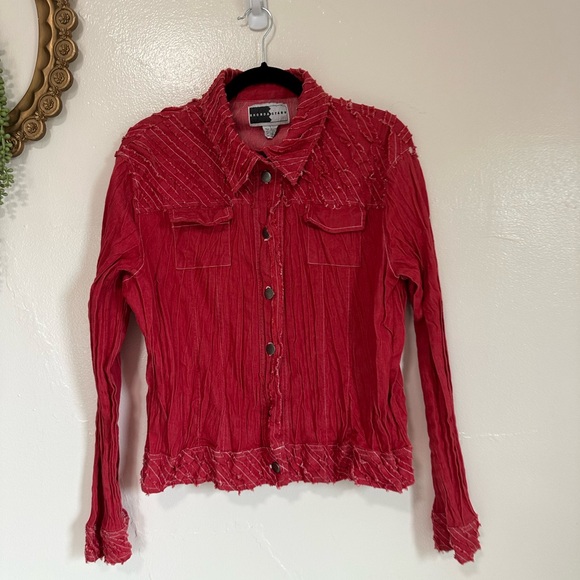 Vintage Rhonda Stark Red Crinkle Lightweight Shirt Jacket,  Raw Edge Detail, Lg - Picture 4 of 8
